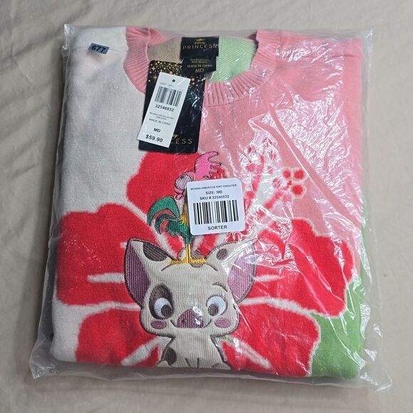 677 NWT Disney Moana Pua & Hei Hei Hibiscus Women's Knit Sweater Size Medium - Picture 2 of 5